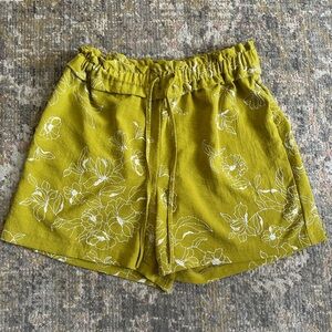 Drawstring Floral Embroidered Ruffle High Rise Shorts Chartreuse Green Medium